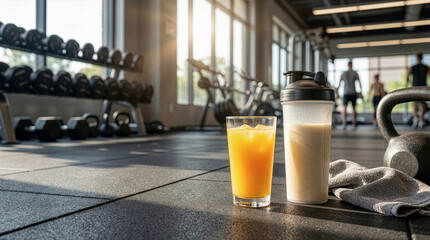 Post-workout nutrition with orange juice and protein shake on gym floor with weights and fitness equipment