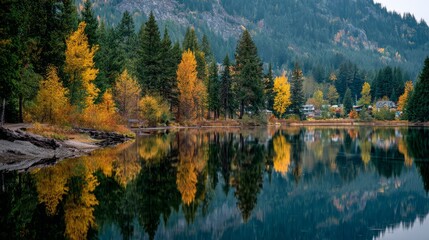 A tranquil autumn scene featuring a lake reflecting colorful trees & distant houses against a mountain backdrop