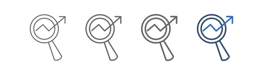 
outline icon set market research with magnifying glass design and bar graph to the right side