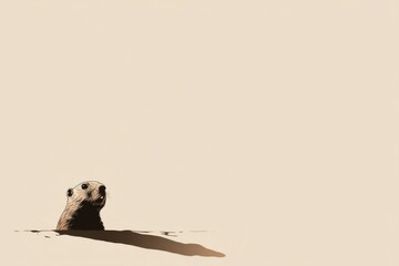 Cute otter emerging from burrow, looking curiously at surroundings, with soft beige background providing ample copy space for text or design elements