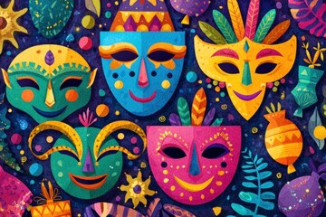 Colorful masks in vibrant hues, featuring intricate designs and patterns, surrounded by decorative elements, creating a festive atmosphere for celebration Purim Day