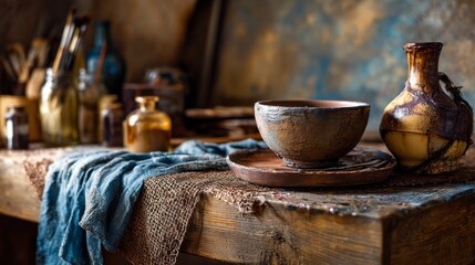 A rustic still life features pottery on a worn table, brushes and bottles in the blurred background, lit dimly