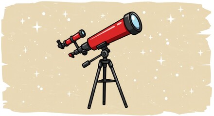 A vibrant red telescope with a black tripod and eyepiece pointed towards the stars on a beige background