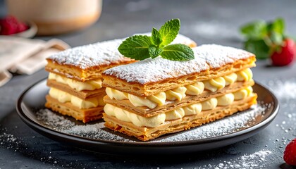 Delicious layered cake with powdered sugar and mint.