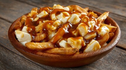 A hearty wooden bowl overflows with golden-brown french fries, white cheese curds, and savory brown gravy