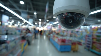 A CCTV camera captures a blurred view of a checkout area in a grocery store while shoppers move about during a busy shopping time