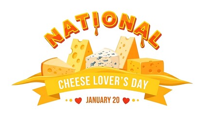 Celebrate the deliciousness of dairy with this vibrant graphic design marking National Cheese Lover's Day on January twentieth featuring various cheese types and festive lettering perfect for food pro