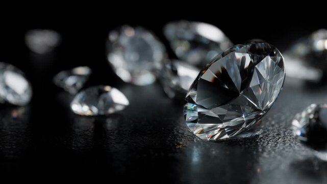 Brilliant cut, sparkling, precious diamond gemstone for luxury jewelry. An expensive crystal jewel reflecting light on dark black background, showcasing pure clarity and elegant facets