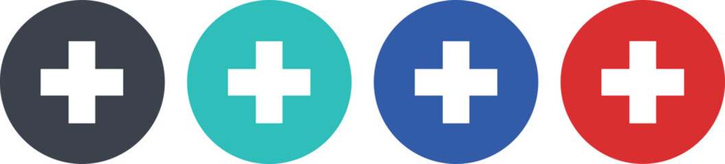 Obraz premium Set of four medical plus symbols in colorful circles representing first aid emergency healthcare hospital and pharmacy services.