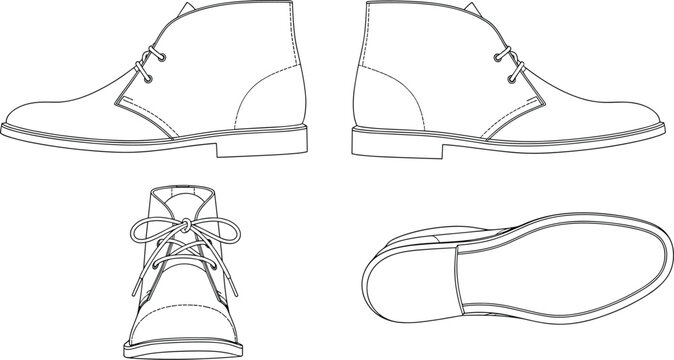 Lace-up ankle boots, footwear design, technical drawing, fashion illustration, shoe blueprint, vector outline, side view, front view, bottom view, flat vector illustration