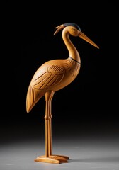Fototapeta premium A meticulously crafted wooden figurine of a stylized crane bird standing elegantly on a plain surface, showcasing traditional folk art and smooth grain texture ,crane ,figurine ,carving