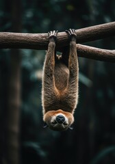 Fototapeta premium A peaceful jungle mammal hangs upside down, completely relaxed and sleeping deeply on a thick branch, perfectly embodying slothfulness and total sluggishness ,animal ,laziness ,tropical