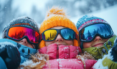 Friends enjoying winter sports outdoors with colorful clothing and snow-covered trees in the background