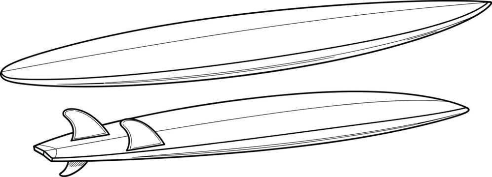 Surfboard design, top view, bottom view, technical drawing, fin detail, water sport gear, vector sketch, flat vector illustration