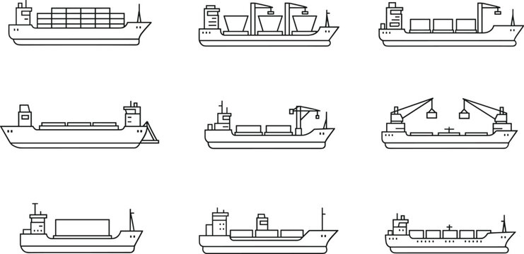 Set of nine cargo ship vector icons in outline style representing global maritime trade logistics and sea freight transportation.