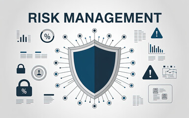 Shield of Security: A conceptual representation of risk management, featuring a shield at the center symbolizing protection, surrounded by icons denoting various aspects of security.