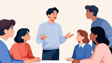 Obraz premium A group of people are sitting around a table, with one man standing in front of them. The man is talking to the group, and the people are listening intently. Scene is one of collaboration and teamwork