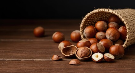 A rustic composition featuring a collection of whole hazelnuts, some shelled and some unshelled, resting naturally on a brown wooden background ,fiber ,crop ,ingredient