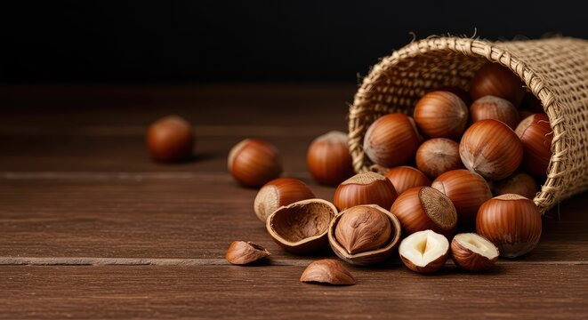 A rustic composition featuring a collection of whole hazelnuts, some shelled and some unshelled, resting naturally on a brown wooden background ,fiber ,crop ,ingredient