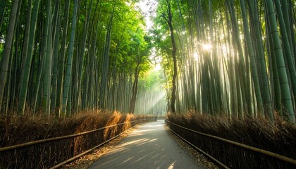 Serene Bamboo Forest Pathway with Sunlight.