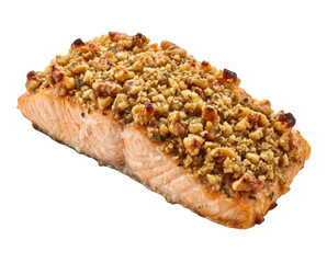 A baked salmon fillet topped with a crunchy nut crust, showcasing a golden-brown finish and moist, flaky texture.