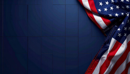 American Flag Draped Over Dark Blue Wall Tiles, Patriotic Scene for News and Events.
