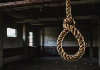 Fototapeta premium A thick, weathered hemp rope tied into a distinct, ominous loop, dangling menacingly from a high support structure in a dimly lit, abandoned interior space ,anguish ,hangman ,threat