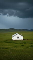 Obraz premium A traditional white nomadic dwelling sits isolated on a wide, green steppe plain stretching toward distant rolling hills under a dramatic sky ,sunny ,hill ,travel