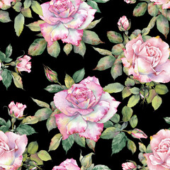 Seamless pattern with pink rose flowers on black background. Blush Rose Bouquets design. Great for branding, packaging, textile, scrapbooking, and other design projects.