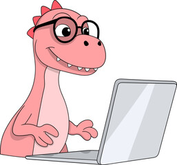 Cute Student Dinosaur Learning with Laptop Illustration