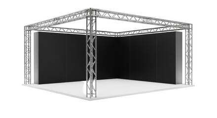 pristine modular trade show stand mockup with brushed aluminum truss frame and matte black panels, centered on a transparent background, low-angle studio shot, architectural concept