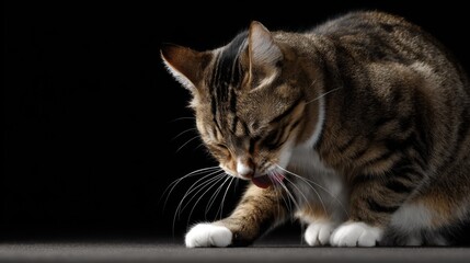 Domestic Cat Grooming Itself in Dramatic Light Against Black Background