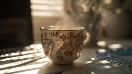 Vintage Floral Tea Cup Emitting Steam in Cozy Sunlit Room Interior with Soft Focus and Gentle Morning Light