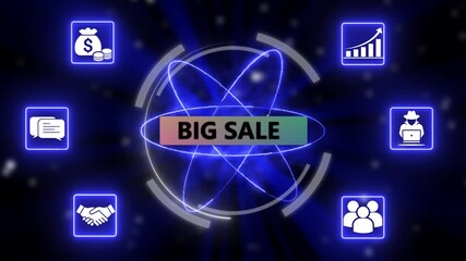 Big sale futuristic business technology network with glowing digital icons. Digital transformation concept with neon business and finance symbols. - Powered by Adobe