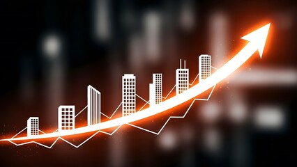 Growing cityscape with rising arrow