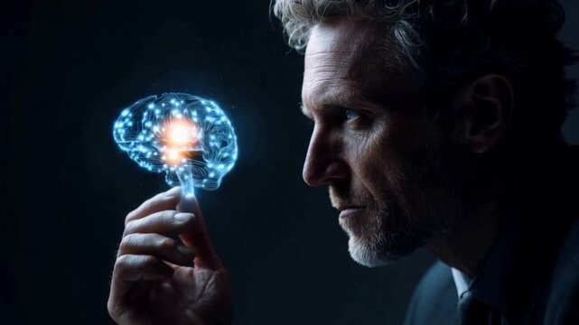 Illuminating Thoughts: A man contemplates a holographic brain, a beacon of human intellect and cognitive exploration.
