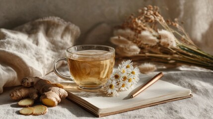 A glass of herbal tea sits beside ginger and flowers on a notebook, with a pen placed next to it. The scene is lit with soft, natural light
