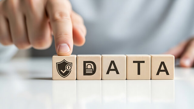 Protecting data a hand interacting with wooden blocks spelling out the word