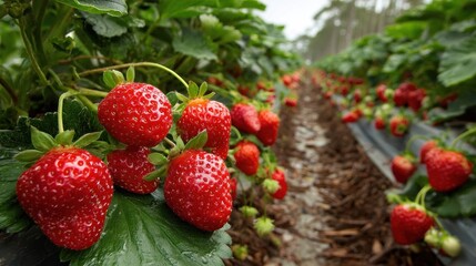 Big red strawberries fill the rows of the strawberry farm. Farmers work in the field during the busy harvest time. The sun shines on the plants as they grow