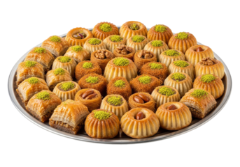 assorted pistachio-topped cookies on a silver tray