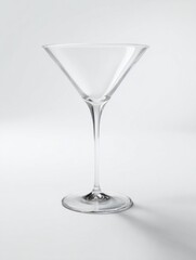 An empty martini glass is sitting on a clean white surface. The glass is clear, with no liquid inside, suggesting it was recently used or is waiting for a drink