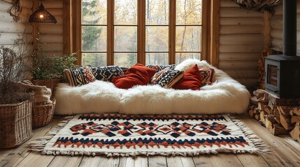 Rustic kilim rug with bold designs laid on a wooden floor in a cozy cabin surrounded by natural decor elements and warm lighting evoking a charming earthy vibe