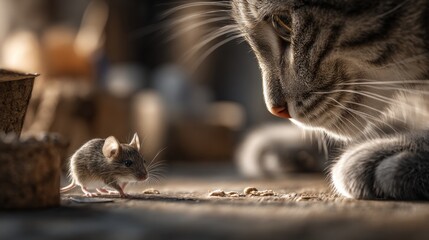 A cat closely watches a mouse on a wooden surface in a bright room. The cat is focused, while the mouse appears cautious in its movements