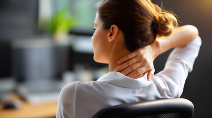 Office syndrome in worker concept, faceless female touching back suffering, muscle pain from sitting position, work-related injury visualization, ergonomic health concern, workplac