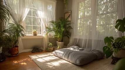 Serene Sunlit Room with Indoor Plants and Cozy Cushions for Tranquil Living and Relaxation in Natural Ambiance