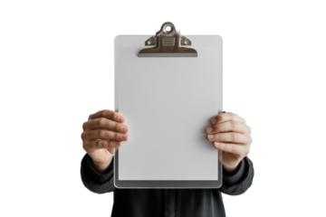 Hands holding blank clipboard