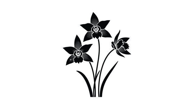 Elegant black silhouette of three blooming orchid flowers with long stems and leaves, creating a simple botanical graphic.