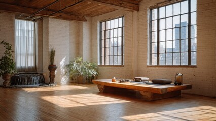 Sunlit Industrial Loft Interior with Modern Rustic Design Featuring Wooden Elements and Large Windows Overlooking City
