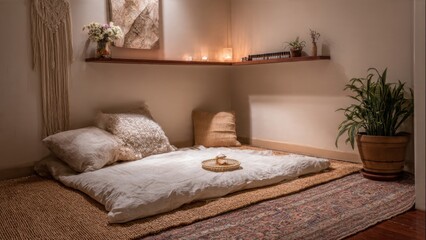 Cozy Minimalist Bedroom Decor with Natural Elements and Warm Lighting for Tranquil and Relaxing Atmosphere