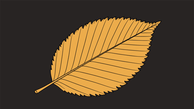 Stylized illustration of a golden-yellow autumn elm leaf with detailed veins, depicted in a clean line art style on a dark background.